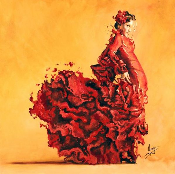 Original Acrylic figurative painting art for sale - woman flamenco spanish dancer in red and orange - hand made giclee canvas print available