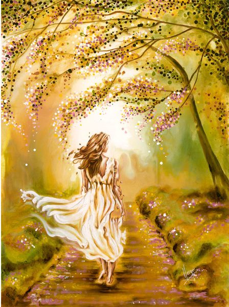Woman painting walking in the park figurative art